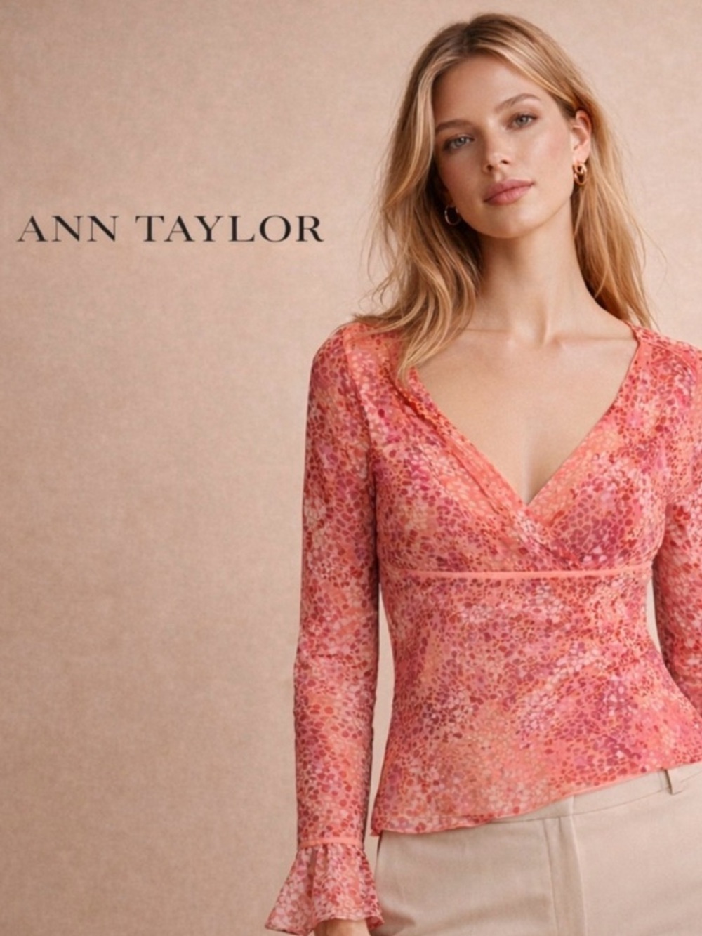 Ann Taylor Coral Pink Sheer Wrap Top | Long Sleeve V-Neck Blouse | Size M